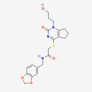 molecular formula C20H23N3O5S B2471829 N-(benzo[d][1,3]dioxol-5-ylmethyl)-2-((1-(3-hydroxypropyl)-2-oxo-2,5,6,7-tetrahydro-1H-cyclopenta[d]pyrimidin-4-yl)thio)acetamide CAS No. 941888-19-3