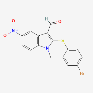 molecular formula C16H11BrN2O3S B2471911 2-[(4-溴苯基)硫基]-1-甲基-5-硝基-1H-吲哚-3-甲醛 CAS No. 338416-11-8