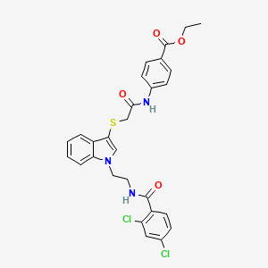 molecular formula C28H25Cl2N3O4S B2471925 Ethyl 4-[[2-[1-[2-[(2,4-dichlorobenzoyl)amino]ethyl]indol-3-yl]sulfanylacetyl]amino]benzoate CAS No. 532975-50-1
