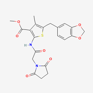 molecular formula C21H20N2O7S B2471969 5-(1,3-苯二氧杂环戊-5-基甲基)-2-[[2-(2,5-二氧代吡咯烷-1-基)乙酰]氨基]-4-甲硫代吩-3-甲酸甲酯 CAS No. 476367-00-7