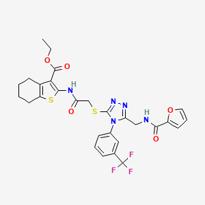 molecular formula C28H26F3N5O5S2 B2471973 ethyl 2-(2-((5-((furan-2-carboxamido)methyl)-4-(3-(trifluoromethyl)phenyl)-4H-1,2,4-triazol-3-yl)thio)acetamido)-4,5,6,7-tetrahydrobenzo[b]thiophene-3-carboxylate CAS No. 393806-60-5