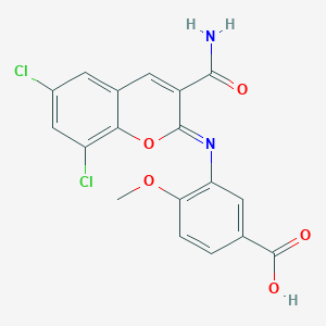 3-{[(2Z)-3-carbamoyl-6,8-dichloro-2H-chromen-2-ylidene]amino}-4-methoxybenzoic acid