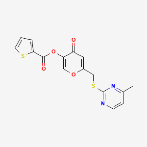 molecular formula C16H12N2O4S2 B2472163 [6-[(4-甲基嘧啶-2-基)硫代甲基]-4-氧代吡喃-3-基]噻吩-2-羧酸酯 CAS No. 877637-97-3