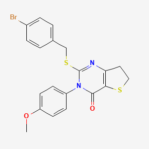molecular formula C20H17BrN2O2S2 B2472191 2-[(4-Bromophenyl)methylsulfanyl]-3-(4-methoxyphenyl)-6,7-dihydrothieno[3,2-d]pyrimidin-4-one CAS No. 905677-67-0