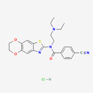 molecular formula C23H25ClN4O3S B2472197 4-cyano-N-(2-(diethylamino)ethyl)-N-(6,7-dihydro-[1,4]dioxino[2',3':4,5]benzo[1,2-d]thiazol-2-yl)benzamide hydrochloride CAS No. 1215366-84-9