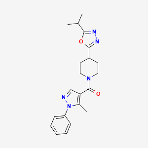 molecular formula C21H25N5O2 B2472198 (4-(5-Isopropyl-1,3,4-oxadiazol-2-yl)piperidin-1-yl)(5-methyl-1-phenyl-1H-pyrazol-4-yl)methanon CAS No. 1208518-44-8