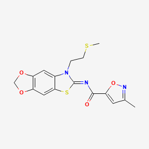 molecular formula C16H15N3O4S2 B2472279 (E)-3-methyl-N-(7-(2-(methylthio)ethyl)-[1,3]dioxolo[4',5':4,5]benzo[1,2-d]thiazol-6(7H)-ylidene)isoxazole-5-carboxamide CAS No. 946206-35-5