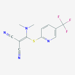 molecular formula C12H9F3N4S B2472475 2-((二甲氨基)((5-(三氟甲基)-2-吡啶基)硫代)亚甲基)丙二腈 CAS No. 339022-95-6