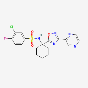 molecular formula C18H17ClFN5O3S B2472498 3-chloro-4-fluoro-N-[1-(3-pyrazin-2-yl-1,2,4-oxadiazol-5-yl)cyclohexyl]benzenesulfonamide CAS No. 1396766-67-8