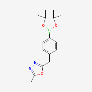 molecular formula C16H21BN2O3 B2472548 2-Methyl-5-[[4-(4,4,5,5-tetramethyl-1,3,2-dioxaborolan-2-yl)phenyl]methyl]-1,3,4-oxadiazole CAS No. 2096340-21-3