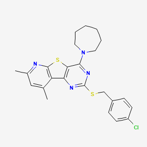 molecular formula C24H25ClN4S2 B2472798 4-(1-Azepanyl)-2-[(4-chlorobenzyl)sulfanyl]-7,9-dimethylpyrido[3',2':4,5]thieno[3,2-d]pyrimidine CAS No. 478065-77-9