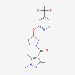 molecular formula C17H19F3N4O2 B2472825 (3-((4-(三氟甲基)吡啶-2-基)氧代)吡咯烷-1-基)(1,3,5-三甲基-1H-吡唑-4-基)甲酮 CAS No. 2034527-11-0