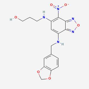 molecular formula C17H17N5O6 B2472935 3-[[7-(1,3-Benzodioxol-5-ylmethylamino)-4-nitro-2,1,3-benzoxadiazol-5-yl]amino]propan-1-ol CAS No. 452086-85-0