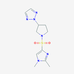 molecular formula C11H16N6O2S B2472972 2-(1-((1,2-dimethyl-1H-imidazol-4-yl)sulfonyl)pyrrolidin-3-yl)-2H-1,2,3-triazole CAS No. 2034251-27-7