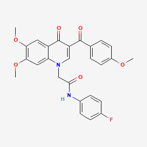 molecular formula C27H23FN2O6 B2472974 2-[6,7-dimethoxy-3-(4-methoxybenzoyl)-4-oxoquinolin-1-yl]-N-(4-fluorophenyl)acetamide CAS No. 866590-49-0