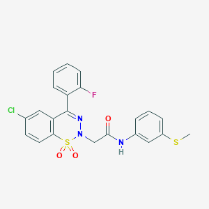 molecular formula C22H17ClFN3O3S2 B2472982 2-(6-chloro-4-(2-fluorophenyl)-1,1-dioxido-2H-benzo[e][1,2,3]thiadiazin-2-yl)-N-(3-(methylthio)phenyl)acetamide CAS No. 1031619-46-1
