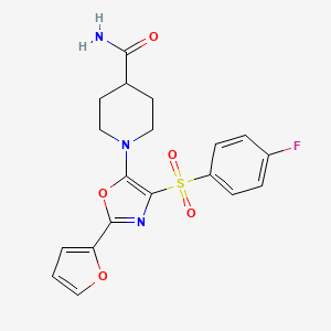 molecular formula C19H18FN3O5S B2473091 1-(4-((4-Fluorophenyl)sulfonyl)-2-(furan-2-yl)oxazol-5-yl)piperidine-4-carboxamide CAS No. 862794-12-5