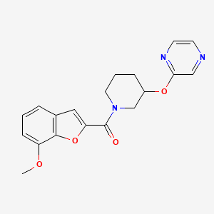 molecular formula C19H19N3O4 B2473094 (7-Methoxybenzofuran-2-yl)(3-(pyrazin-2-yloxy)piperidin-1-yl)methanone CAS No. 2034473-13-5