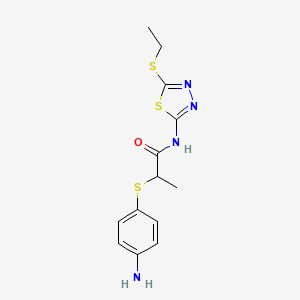 molecular formula C13H16N4OS3 B2473112 2-[(4-aminophenyl)thio]-N-[5-(ethylthio)-1,3,4-thiadiazol-2-yl]propanamide CAS No. 931292-83-0