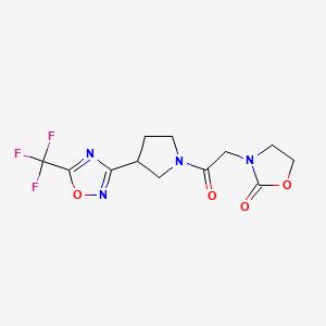 molecular formula C12H13F3N4O4 B2473117 3-(2-Oxo-2-(3-(5-(trifluoromethyl)-1,2,4-oxadiazol-3-yl)pyrrolidin-1-yl)ethyl)oxazolidin-2-one CAS No. 2034415-09-1