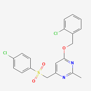 molecular formula C19H16Cl2N2O3S B2473144 (6-((2-Chlorobenzyl)oxy)-2-methyl-4-pyrimidinyl)methyl 4-chlorophenyl sulfone CAS No. 338960-44-4