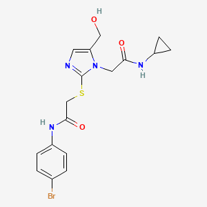molecular formula C17H19BrN4O3S B2473375 2-[2-({2-[(4-bromophenyl)amino]-2-oxoethyl}thio)-5-(hydroxymethyl)-1H-imidazol-1-yl]-N-cyclopropylacetamide CAS No. 923175-06-8
