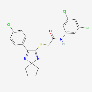 molecular formula C21H18Cl3N3OS B2473394 2-((3-(4-chlorophenyl)-1,4-diazaspiro[4.4]nona-1,3-dien-2-yl)thio)-N-(3,5-dichlorophenyl)acetamide CAS No. 899906-22-0