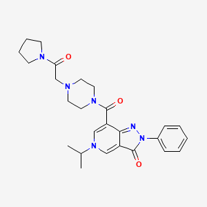 molecular formula C26H32N6O3 B2473445 5-isopropyl-7-(4-(2-oxo-2-(pyrrolidin-1-yl)ethyl)piperazine-1-carbonyl)-2-phenyl-2H-pyrazolo[4,3-c]pyridin-3(5H)-one CAS No. 1040650-94-9