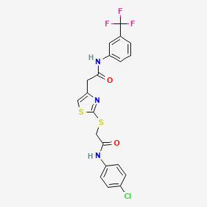 molecular formula C20H15ClF3N3O2S2 B2473453 N-(4-chlorophenyl)-2-((4-(2-oxo-2-((3-(trifluoromethyl)phenyl)amino)ethyl)thiazol-2-yl)thio)acetamide CAS No. 953992-67-1