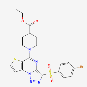 molecular formula C21H20BrN5O4S2 B2473491 Ethyl 1-(3-((4-bromophenyl)sulfonyl)thieno[2,3-e][1,2,3]triazolo[1,5-a]pyrimidin-5-yl)piperidine-4-carboxylate CAS No. 892749-60-9