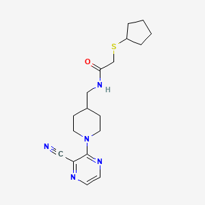 molecular formula C18H25N5OS B2473493 N-((1-(3-cyanopyrazin-2-yl)piperidin-4-yl)methyl)-2-(cyclopentylthio)acetamide CAS No. 1797593-27-1