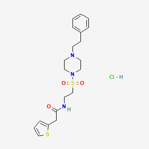 molecular formula C20H28ClN3O3S2 B2473579 N-(2-((4-phenethylpiperazin-1-yl)sulfonyl)ethyl)-2-(thiophen-2-yl)acetamide hydrochloride CAS No. 1329632-36-1