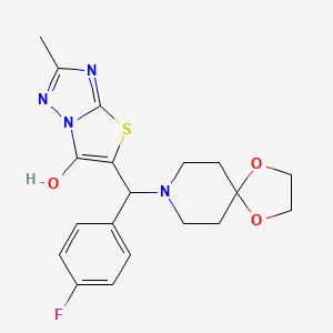 molecular formula C19H21FN4O3S B2473658 5-((4-Fluorophenyl)(1,4-dioxa-8-azaspiro[4.5]decan-8-yl)methyl)-2-methylthiazolo[3,2-b][1,2,4]triazol-6-ol CAS No. 851810-71-4