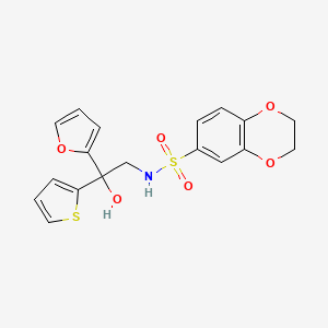 molecular formula C18H17NO6S2 B2473661 N-(2-(furan-2-yl)-2-hydroxy-2-(thiophen-2-yl)ethyl)-2,3-dihydrobenzo[b][1,4]dioxine-6-sulfonamide CAS No. 2034485-49-7