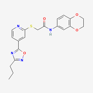 molecular formula C20H20N4O4S B2473691 N-(2,3-dihydrobenzo[b][1,4]dioxin-6-yl)-2-((4-(3-propyl-1,2,4-oxadiazol-5-yl)pyridin-2-yl)thio)acetamide CAS No. 1251589-02-2