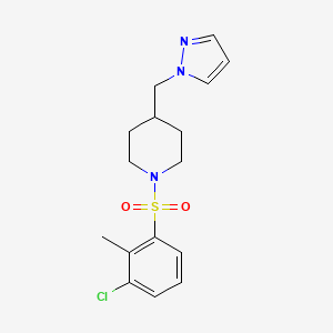 molecular formula C16H20ClN3O2S B2473724 4-((1H-pyrazol-1-yl)methyl)-1-((3-chloro-2-methylphenyl)sulfonyl)piperidine CAS No. 1396799-22-6