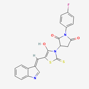 molecular formula C22H14FN3O3S2 B2473731 (Z)-3-(5-((1H-indol-3-yl)methylene)-4-oxo-2-thioxothiazolidin-3-yl)-1-(4-fluorophenyl)pyrrolidine-2,5-dione CAS No. 871497-21-1