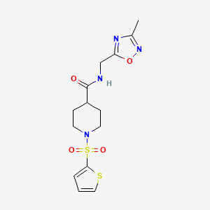 molecular formula C14H18N4O4S2 B2473787 N-((3-甲基-1,2,4-恶二唑-5-基)甲基)-1-(噻吩-2-磺酰基)哌啶-4-甲酰胺 CAS No. 1334376-49-6