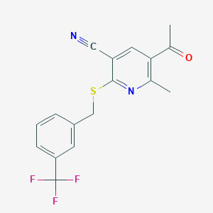 molecular formula C17H13F3N2OS B2473800 5-Acetyl-6-methyl-2-({[3-(trifluoromethyl)phenyl]methyl}sulfanyl)pyridine-3-carbonitrile CAS No. 337922-71-1
