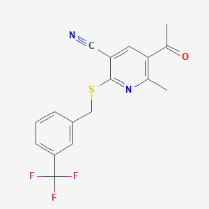 molecular formula C17H13F3N2OS B2473800 5-Acetil-6-metil-2-({[3-(trifluorometil)fenil]metil}sulfanil)piridina-3-carbonitrilo CAS No. 337922-71-1