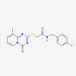 molecular formula C17H15FN4O2S B2473875 N-[(4-氟苯基)甲基]-2-(9-甲基-4-氧代吡啶并[1,2-a][1,3,5]三嗪-2-基)硫代乙酰胺 CAS No. 896342-15-7