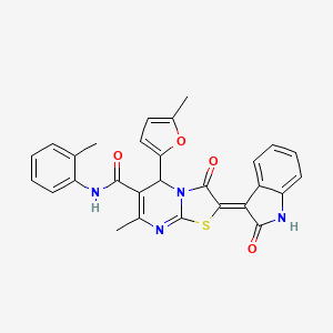 molecular formula C28H22N4O4S B2473876 7-methyl-5-(5-methylfuran-2-yl)-N-(2-methylphenyl)-3-oxo-2-[(3Z)-2-oxo-2,3-dihydro-1H-indol-3-ylidene]-2H,3H,5H-[1,3]thiazolo[3,2-a]pyrimidine-6-carboxamide CAS No. 627039-14-9