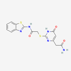 molecular formula C15H13N5O3S2 B2473877 2-((4-(2-amino-2-oxoethyl)-6-oxo-1,6-dihydropyrimidin-2-yl)thio)-N-(benzo[d]thiazol-2-yl)acetamide CAS No. 1170003-89-0