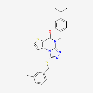 molecular formula C25H24N4OS2 B2473914 4-(4-isopropylbenzyl)-1-((3-methylbenzyl)thio)thieno[2,3-e][1,2,4]triazolo[4,3-a]pyrimidin-5(4H)-one CAS No. 1223924-77-3