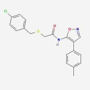 molecular formula C19H17ClN2O2S B2473973 2-((4-chlorobenzyl)thio)-N-(4-(p-tolyl)isoxazol-5-yl)acetamide CAS No. 1114657-35-0