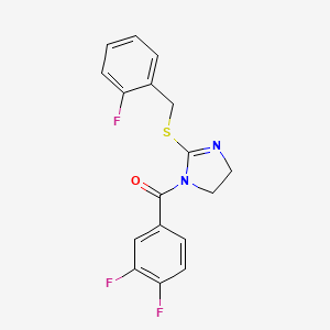 molecular formula C17H13F3N2OS B2473993 (3,4-Difluorophenyl)-[2-[(2-fluorophenyl)methylsulfanyl]-4,5-dihydroimidazol-1-yl]methanone CAS No. 851807-00-6