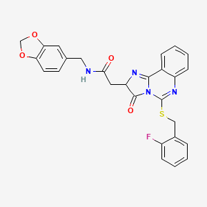 molecular formula C27H21FN4O4S B2474008 N-(1,3-benzodioxol-5-ylmethyl)-2-[5-[(2-fluorophenyl)methylsulfanyl]-3-oxo-2H-imidazo[1,2-c]quinazolin-2-yl]acetamide CAS No. 959502-38-6