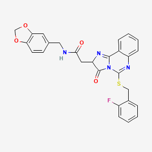 molecular formula C27H21FN4O4S B2474008 N-[(2H-1,3-benzodioxol-5-yl)methyl]-2-(5-{[(2-fluorophenyl)methyl]sulfanyl}-3-oxo-2H,3H-imidazo[1,2-c]quinazolin-2-yl)acetamide CAS No. 959502-38-6