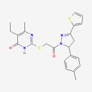 molecular formula C23H24N4O2S2 B2474024 5-ethyl-6-methyl-2-((2-oxo-2-(3-(thiophen-2-yl)-5-(p-tolyl)-4,5-dihydro-1H-pyrazol-1-yl)ethyl)thio)pyrimidin-4(3H)-one CAS No. 922659-86-7