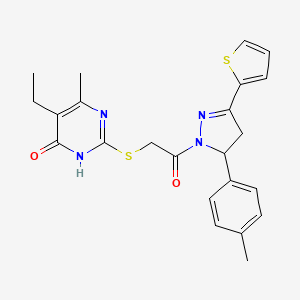 molecular formula C23H24N4O2S2 B2474024 5-乙基-6-甲基-2-((2-氧代-2-(3-(噻吩-2-基)-5-(对甲苯基)-4,5-二氢-1H-吡唑-1-基)乙基)硫代)嘧啶-4(3H)-酮 CAS No. 922659-86-7